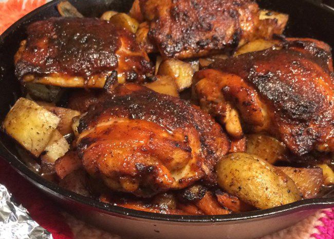 Cast Iron Honey-Sriracha Glazed Chicken with Roasted Root Vegetables