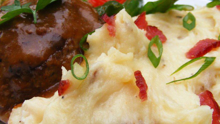 Mashed Potatoes with Fried Mushroom, Bacon, and Onion
