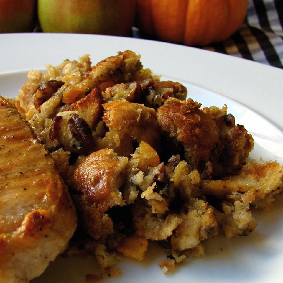 Pecan and Apricot Sourdough Bread Stuffing on a white plate