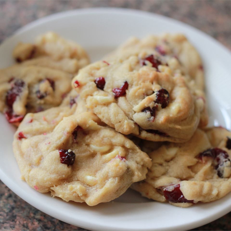 White Chocolate and Cranberry Cookies on a white plate