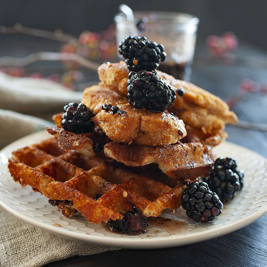 Spicy Gluten-Free Chicken and Cheddar Waffles with Blackberry-Maple Syrup