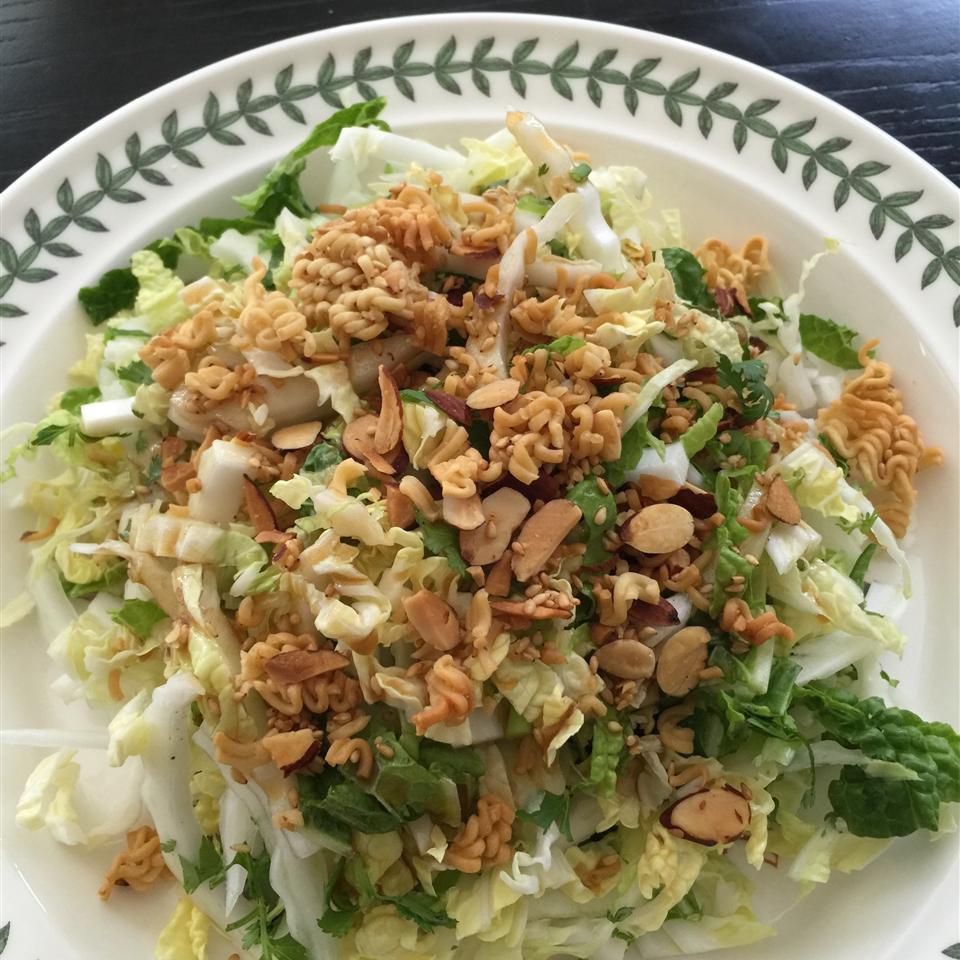 Napa Cabbage Salad with peanuts and ramen on top