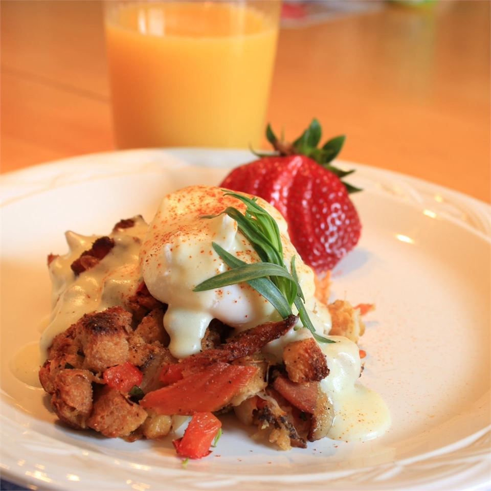 Savory Bacon and Crab Bread Pudding Eggs Benedict