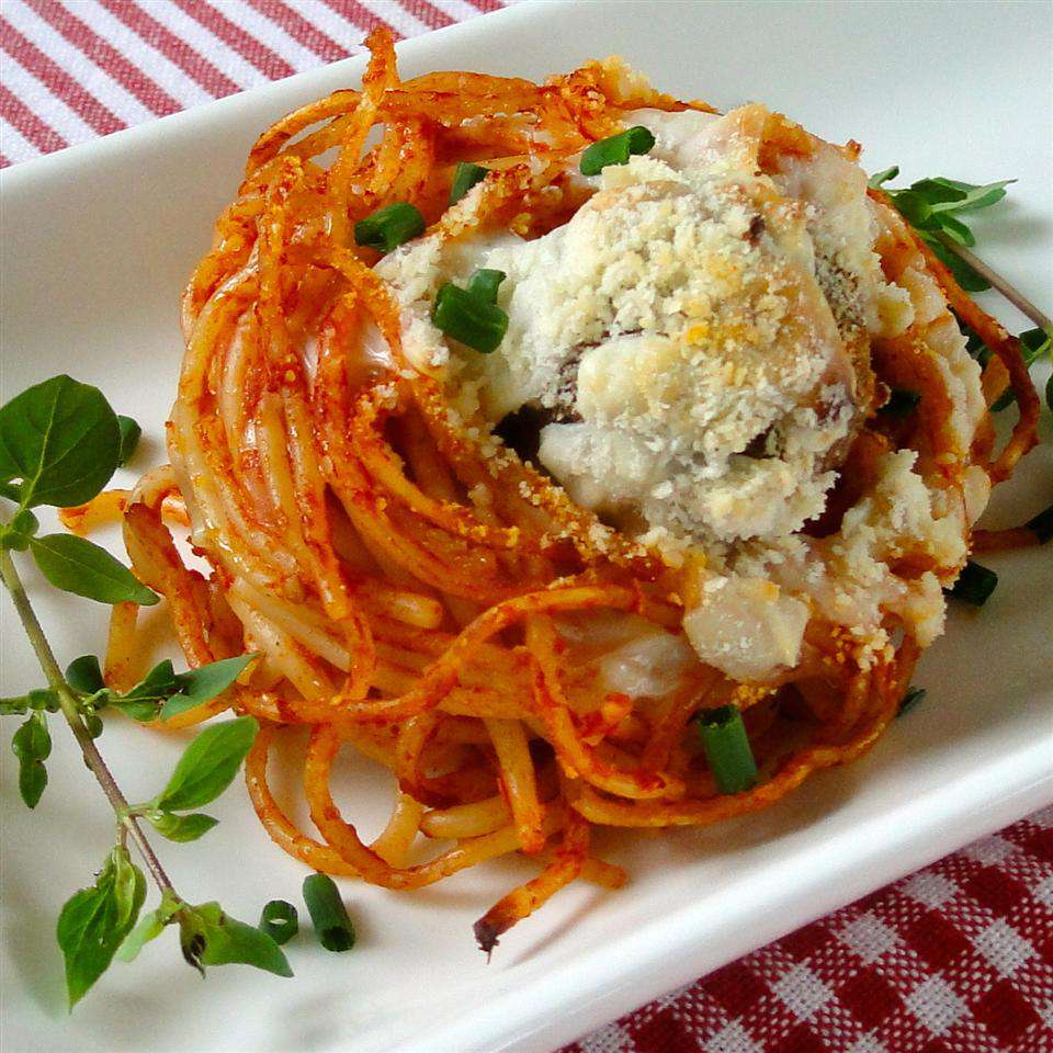 Spaghetti and Meatballs Muffin Bites on a white plate