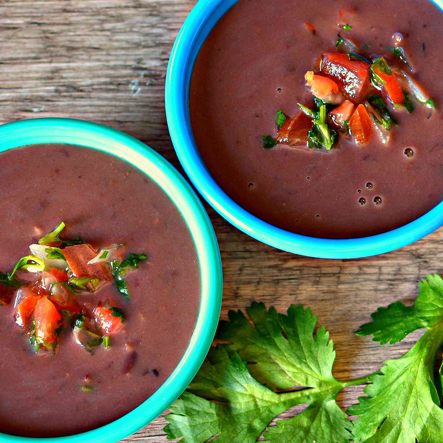 black bean soup in two turquoise bowls