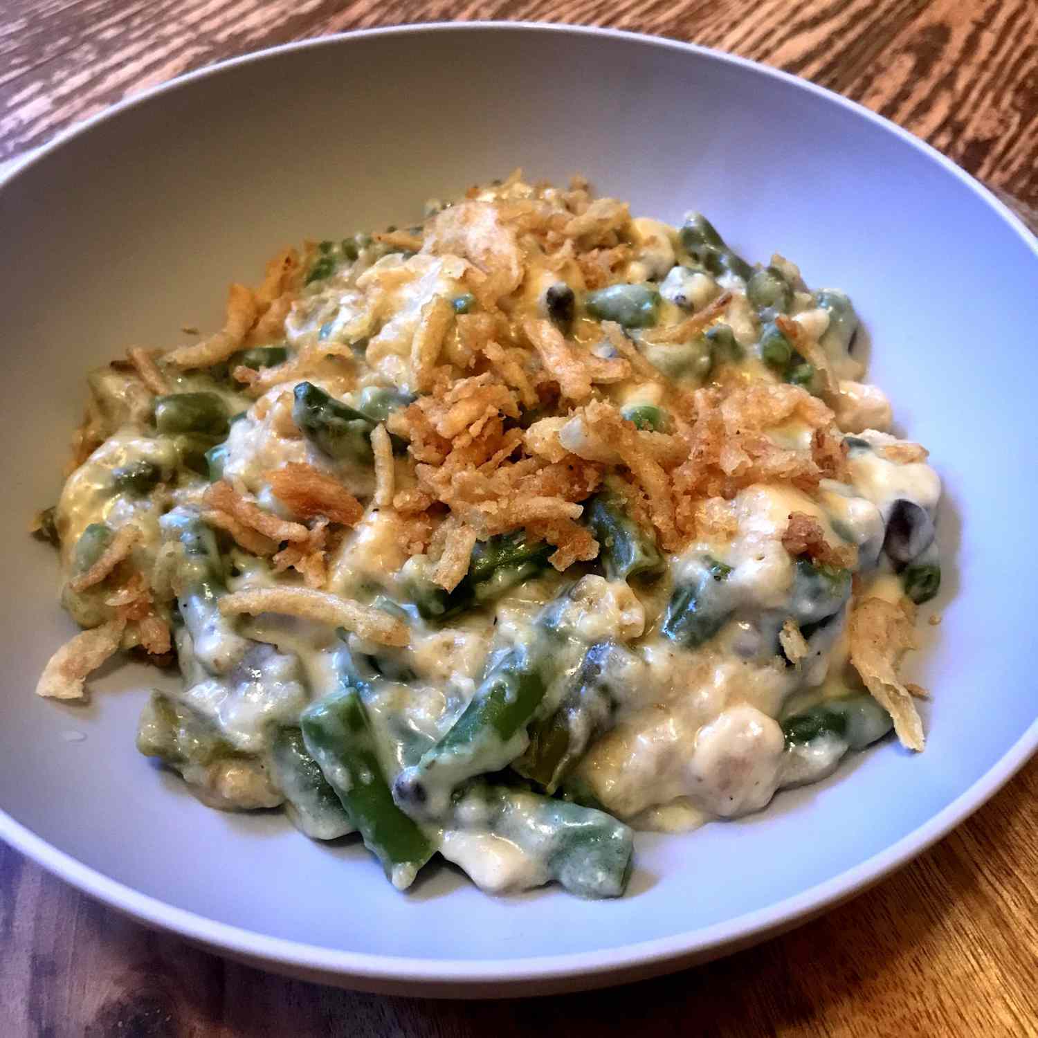 green bean Casserole topped with fried onions