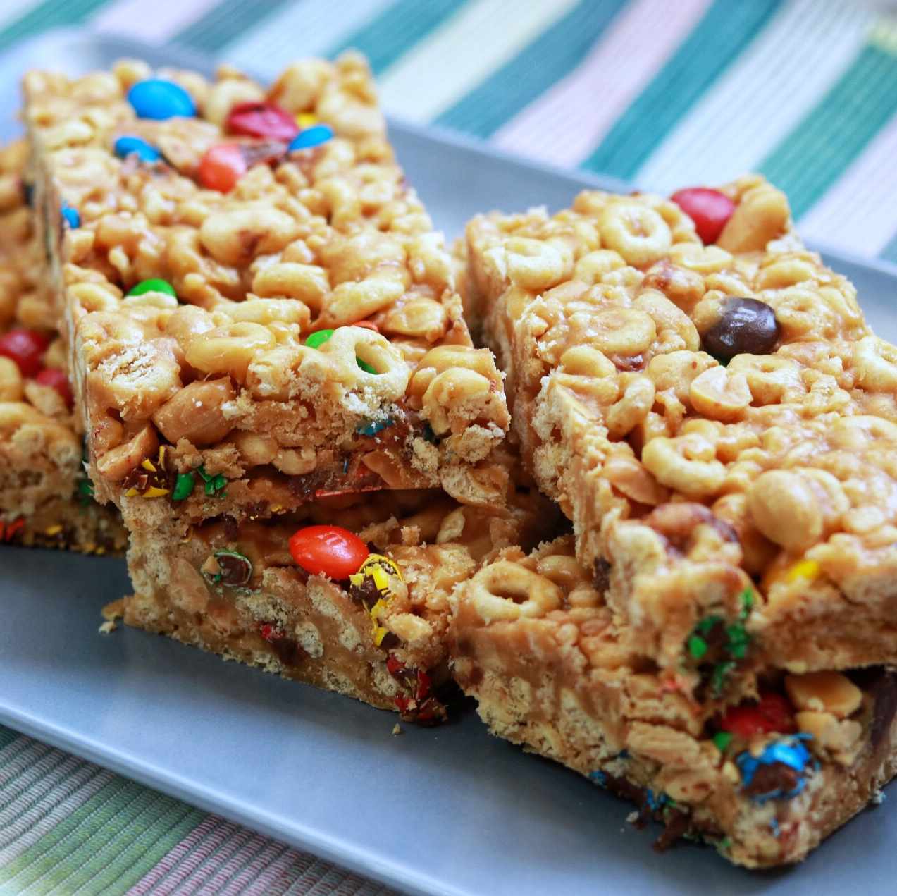 No Bake Cereal Bars with Cheerios, nuts, and M&Ms