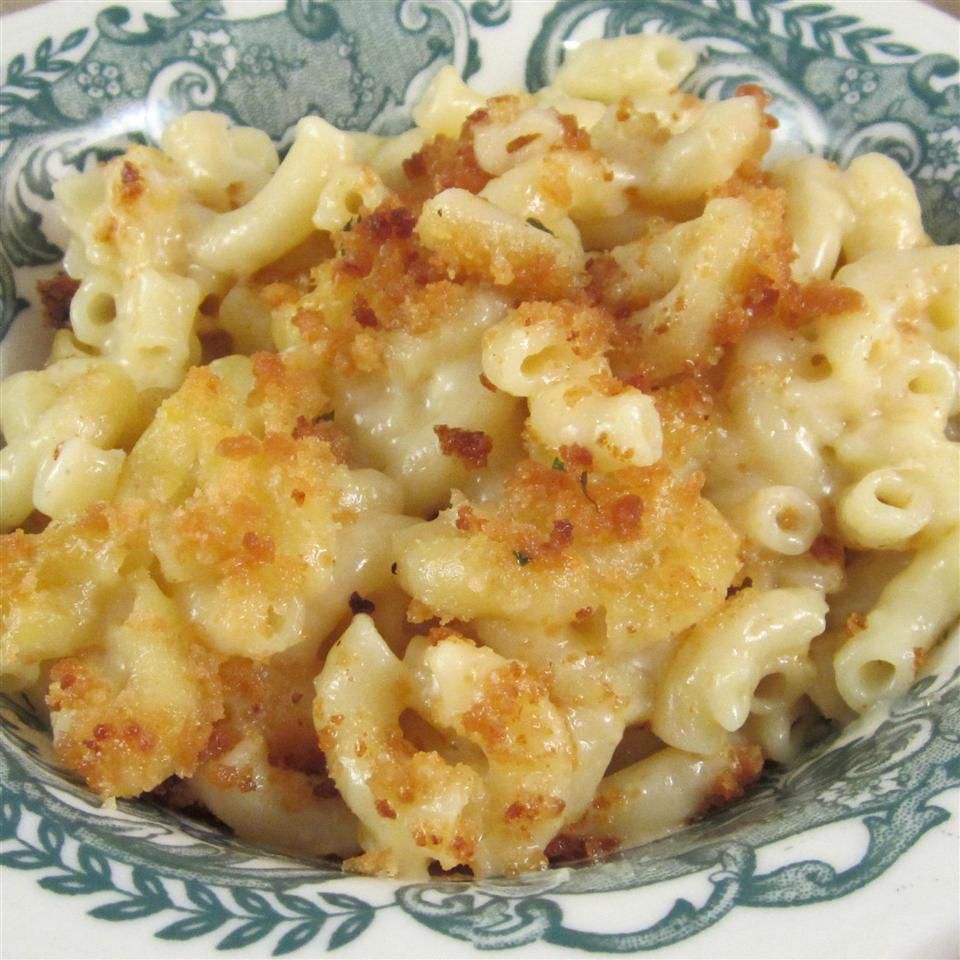 Home-Style Macaroni and Cheese in a white and green dish