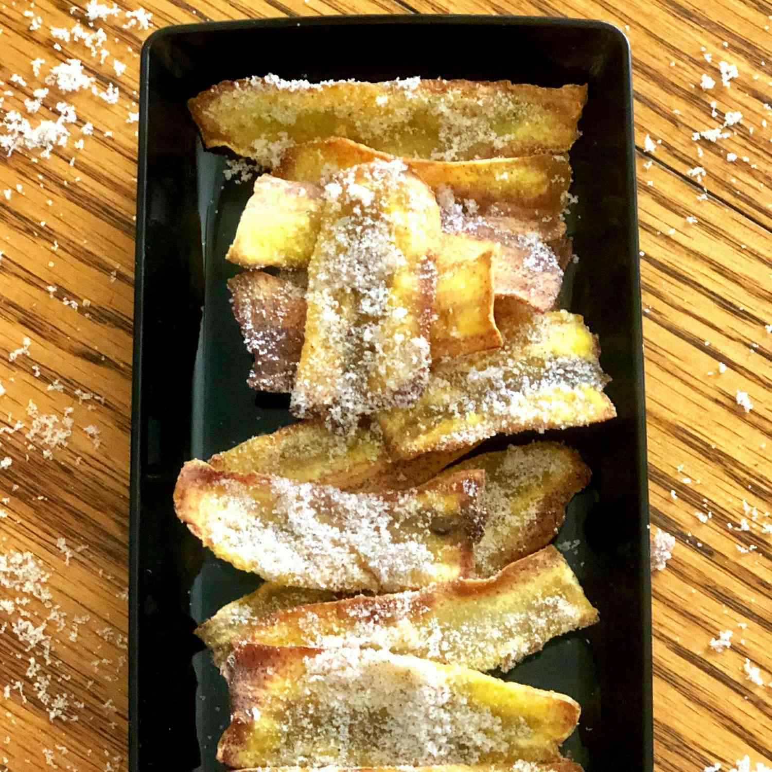 Air fried Plantain Chips in a rectangular dish