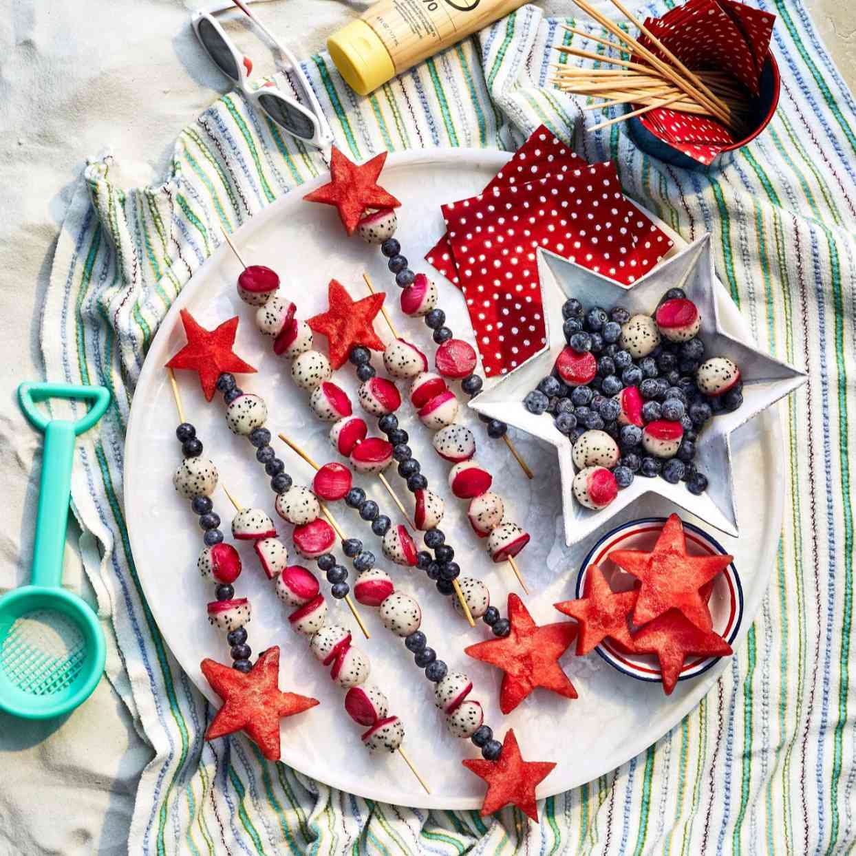 Stars and Stripes fruit wands with berries and watermelon