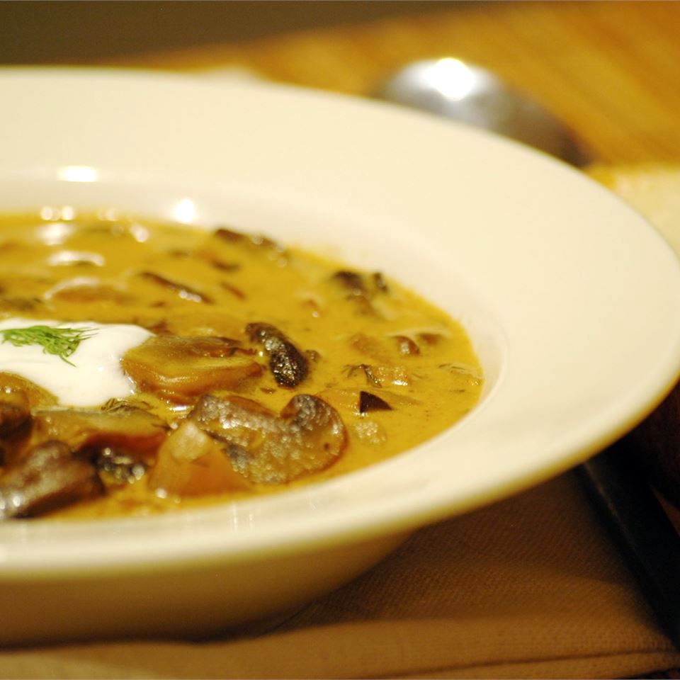 side view of a white bowl of creamy-looking mushroom soup with sour cream in the center
