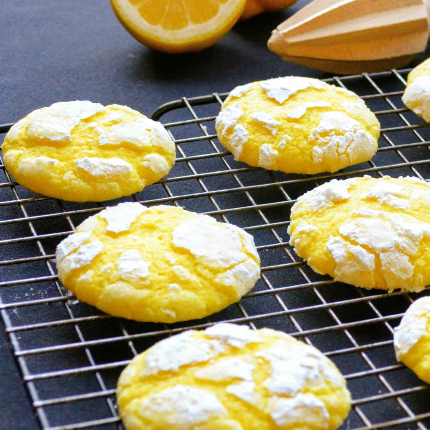 Lemon Crinkle Cookies on a cooling rack