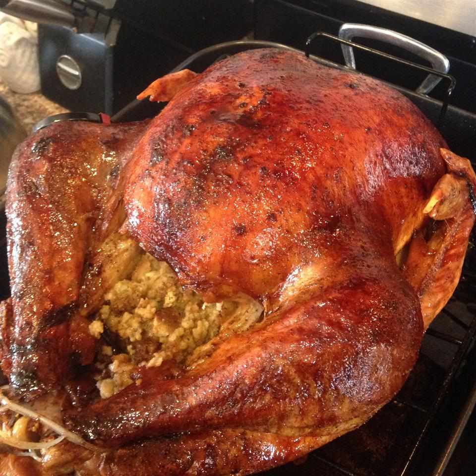 a golden brown stuffed turkey in a roasting pan