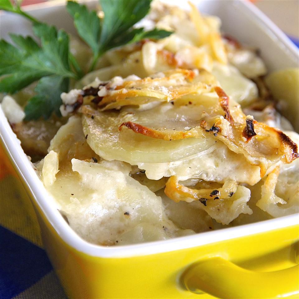 Mom's Scalloped Potatoes in a yellow dish