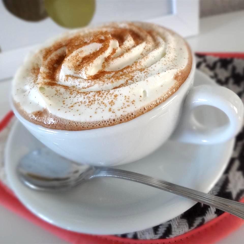 Hot chocolate topped with a swirl of whipped cream, sprinkled with spice, in a white china cup and saucer