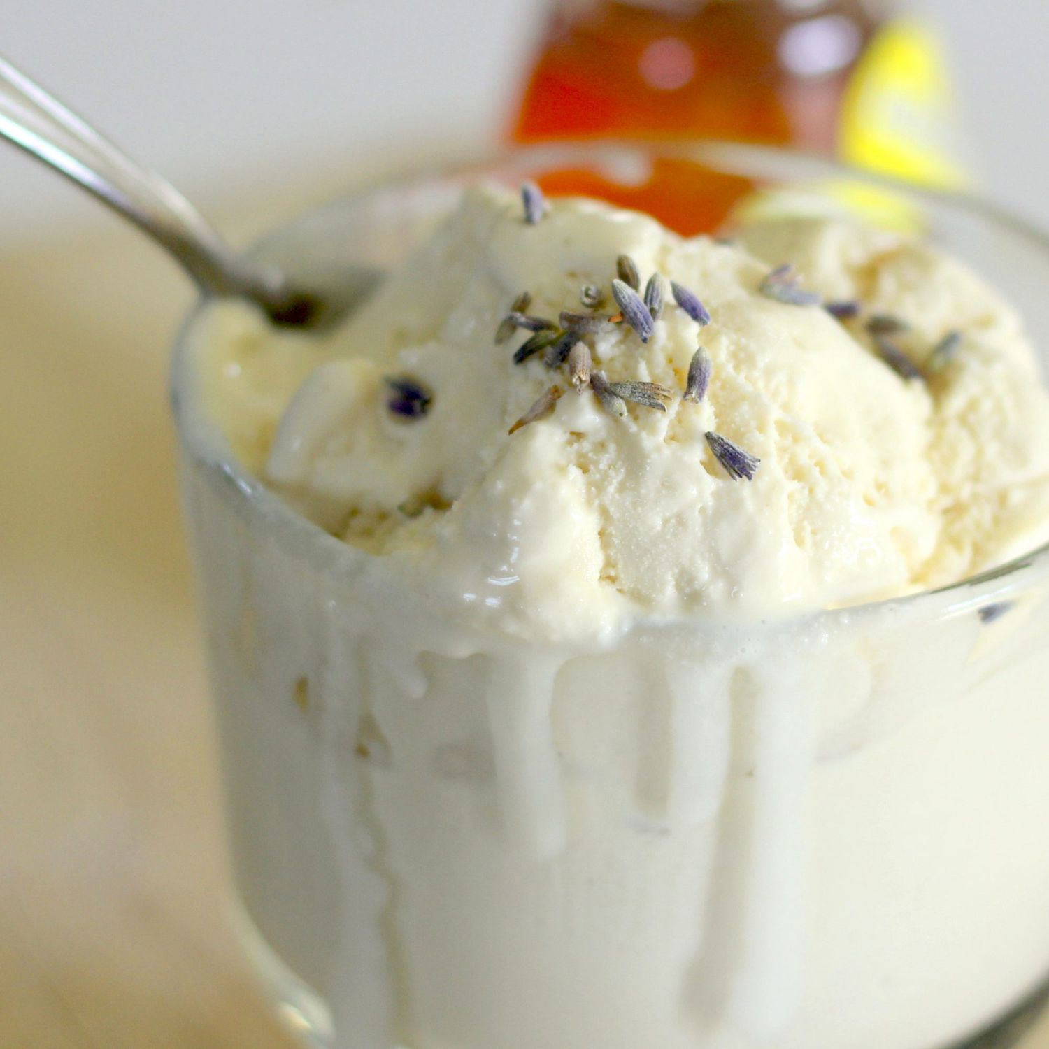 Lavender Honey Ice Cream in a glass cup