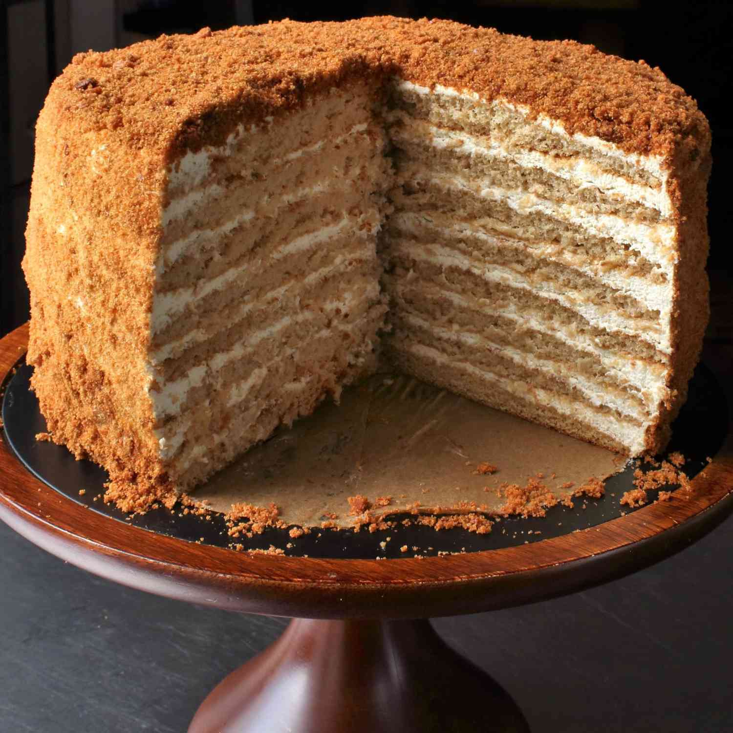 Russian Honey Cake on a wooden cake stand