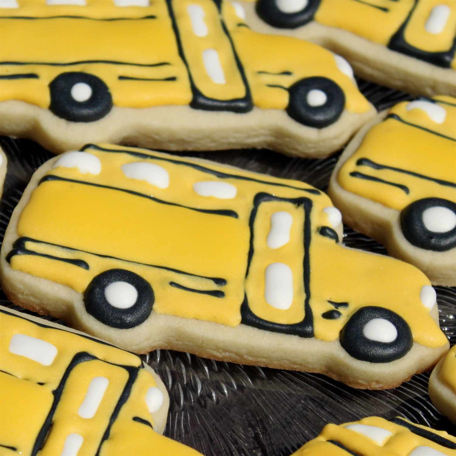 Sugar cookies decorated like school buses