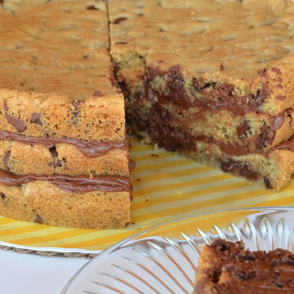 Chocolate Chip Cookie Layer Cake on a yellow plate