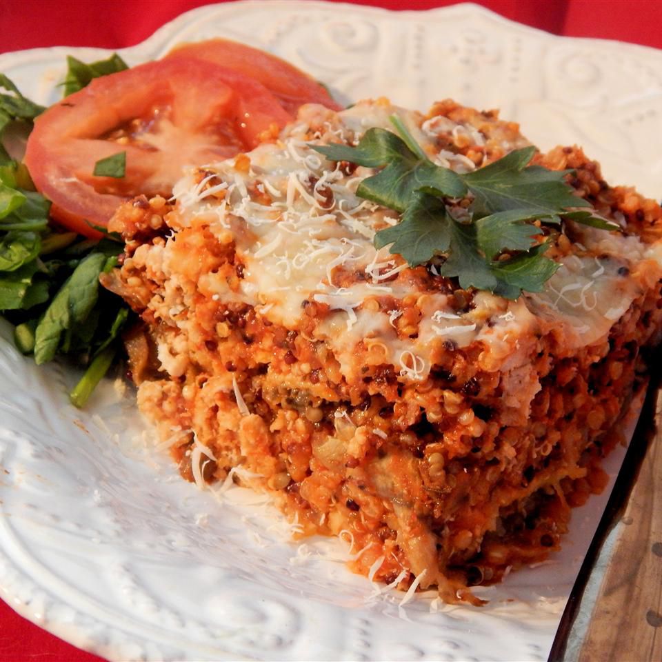 Low-Carb Turkey Quinoa Lasagna on a white plate