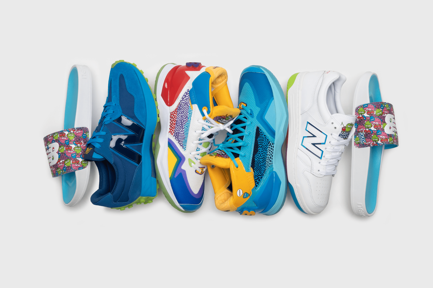 several shoes from the New Balance KAWHI Jolly Rancher collection on a white background