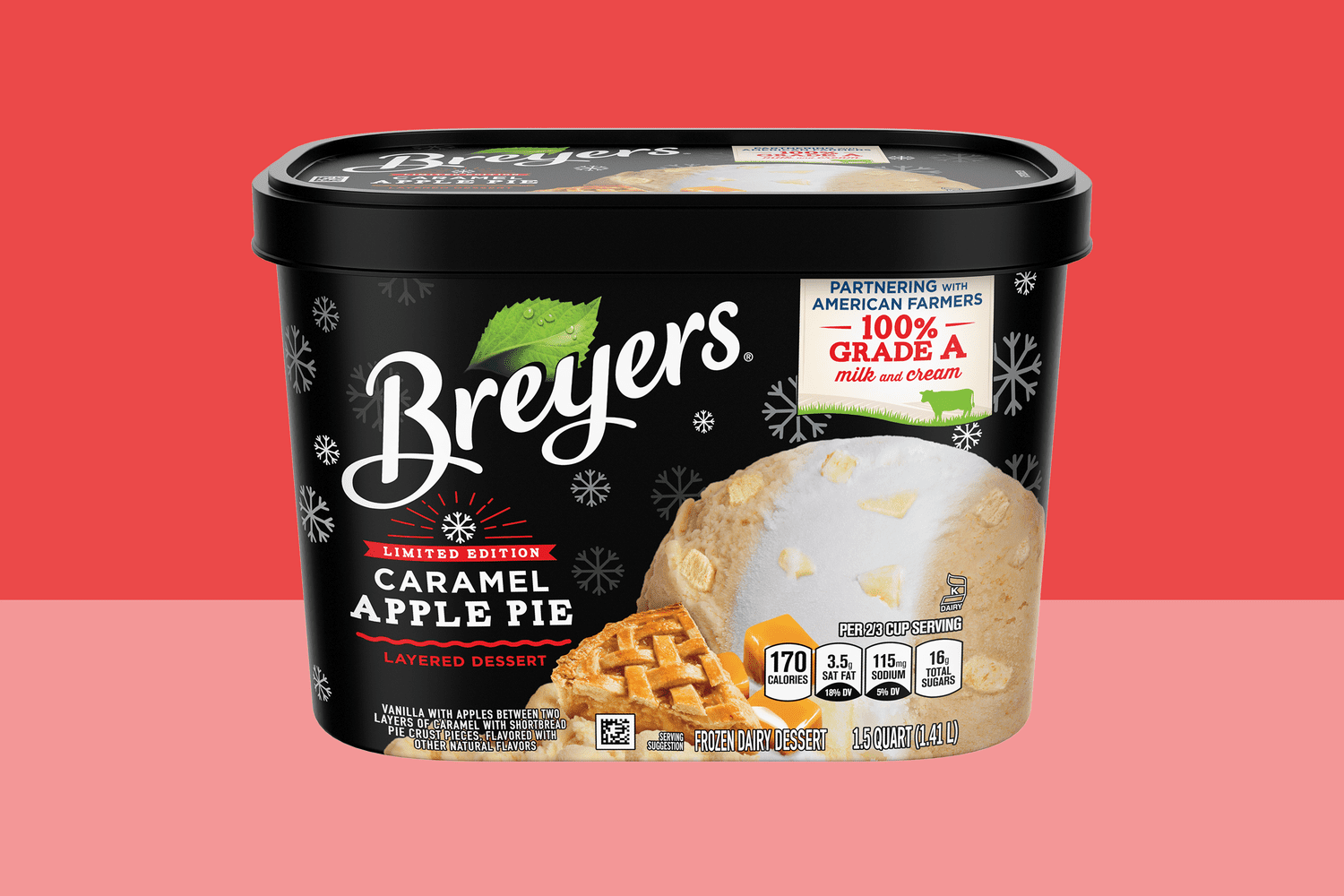 a carton of Breyers Limited Edition Caramel Apple Pie Layered Desserts on a two-tone red background