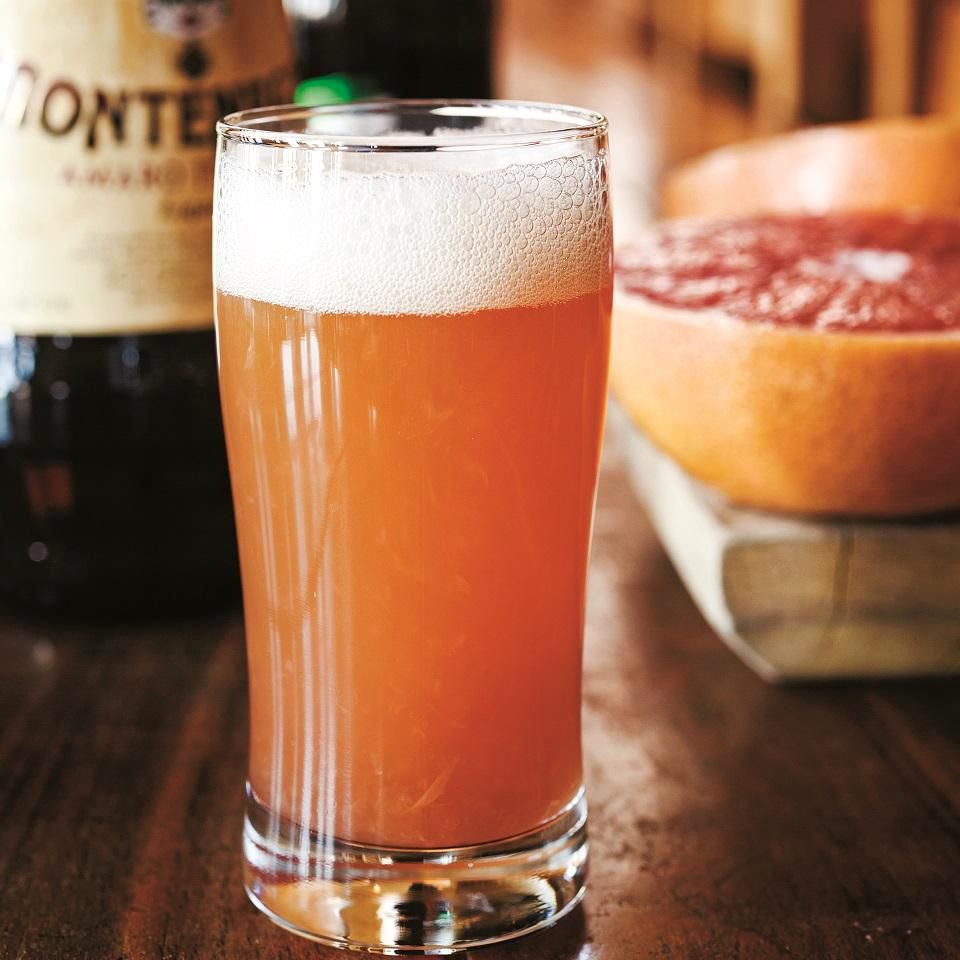 grapefruit beer cocktail in a beer glass