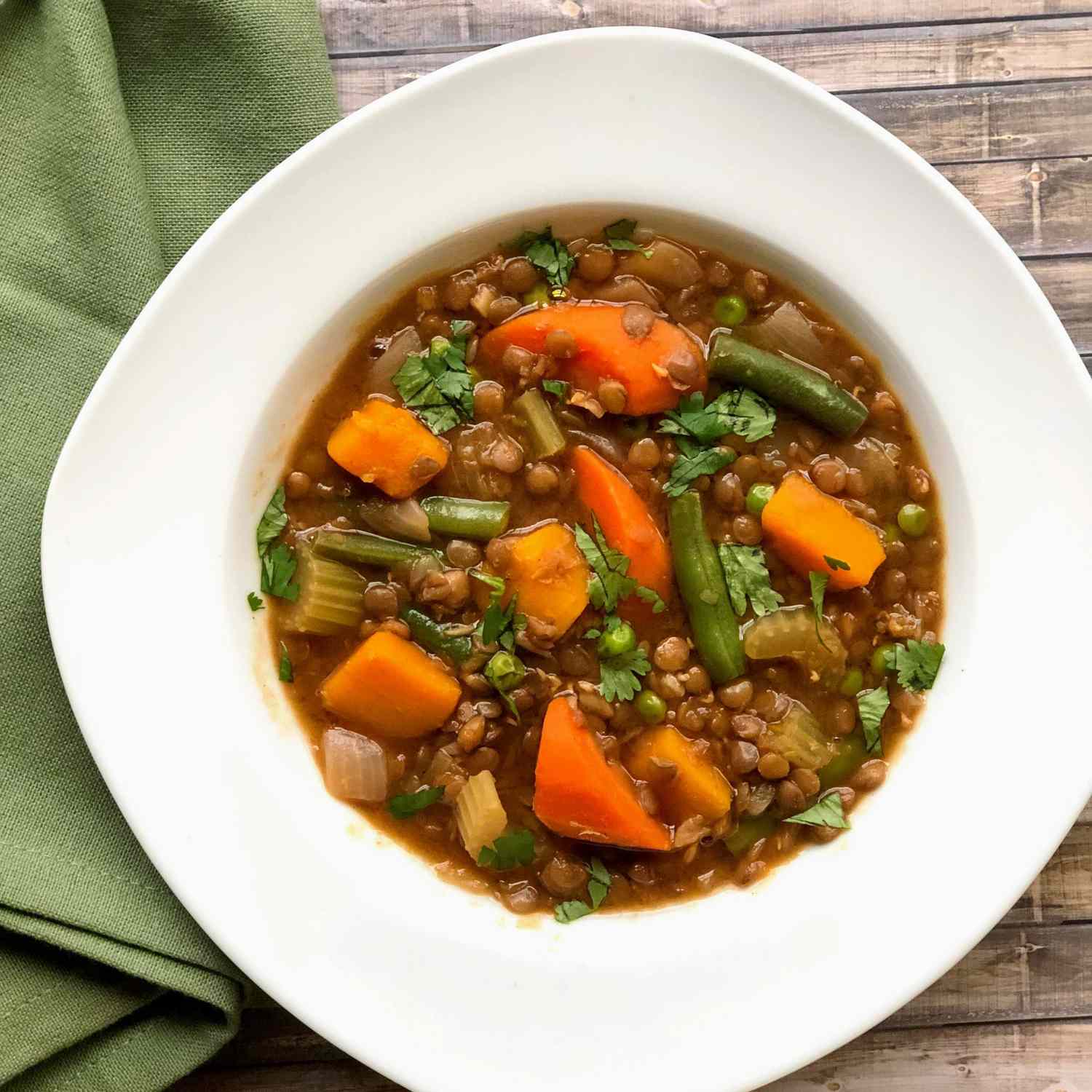 Moroccan Lentil Stew with butternut squash, green beans, and green peas