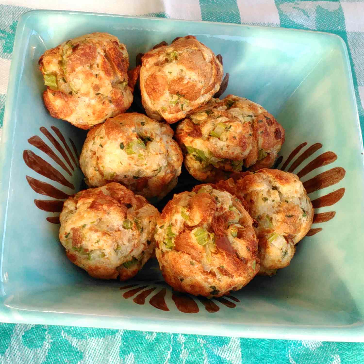 stuffing balls in a blue dish