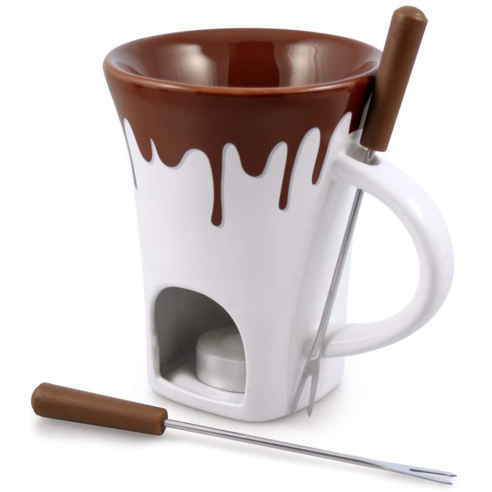 White tea light fondue mug with chocolate decoration on the rim