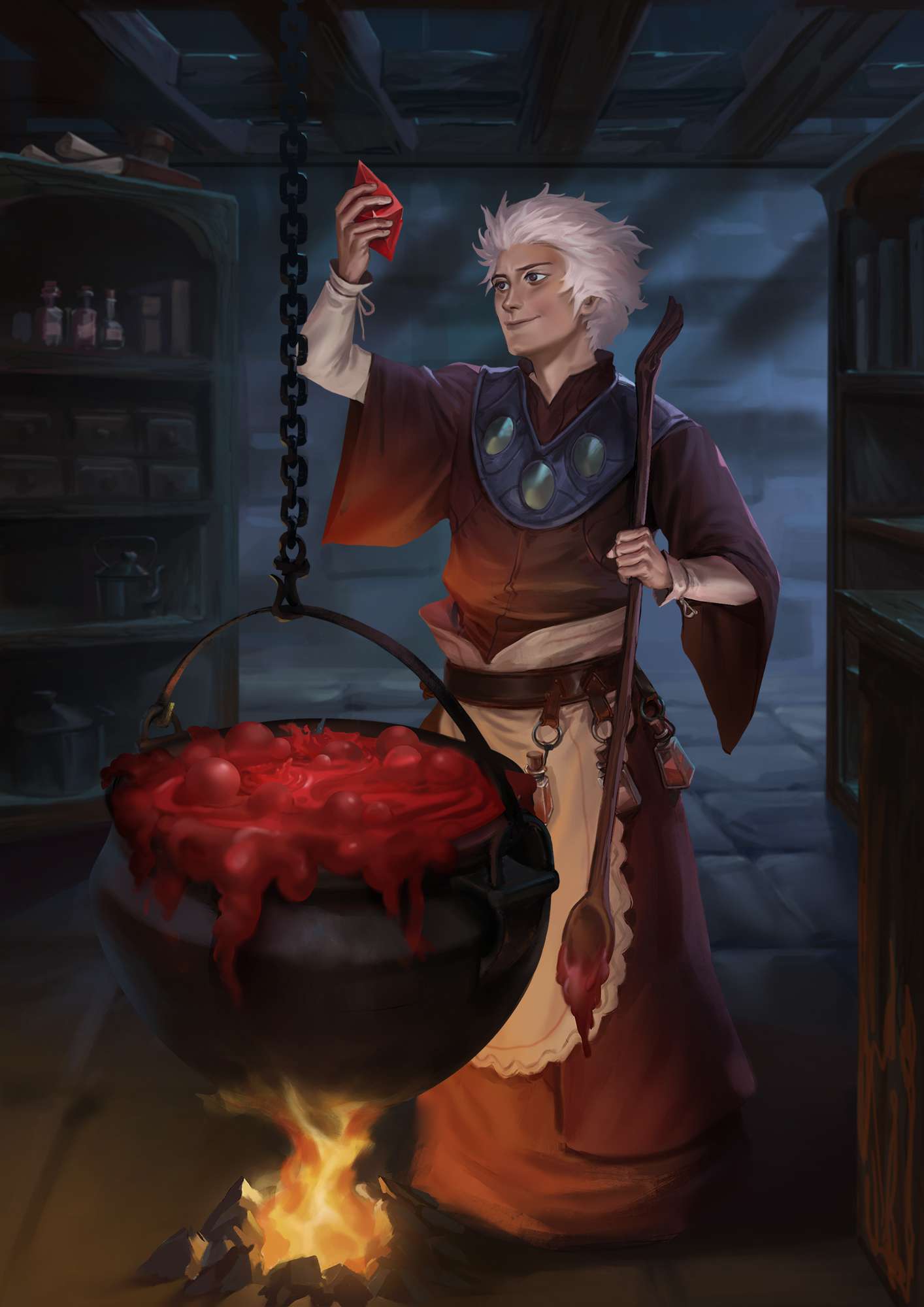 Art showing a Saucerer over a cauldron