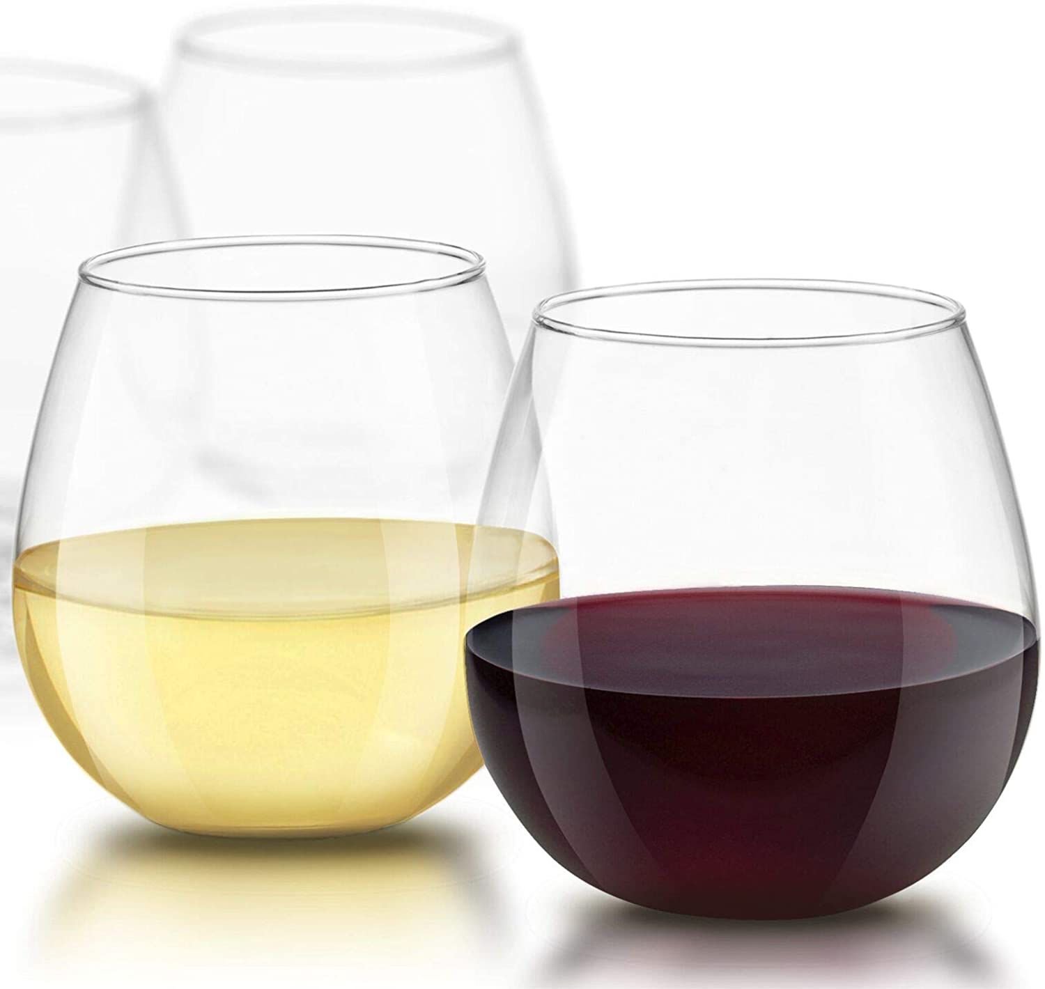 Stemless wine glasses with red and white wine