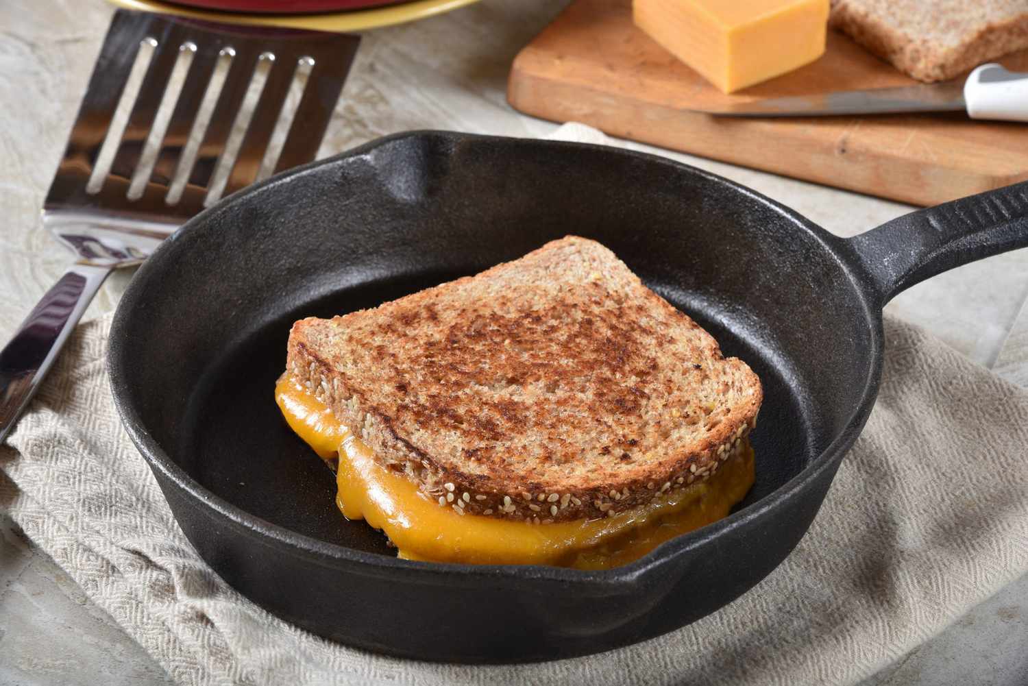 Grilled cheese sandwich in a cast iron skillet