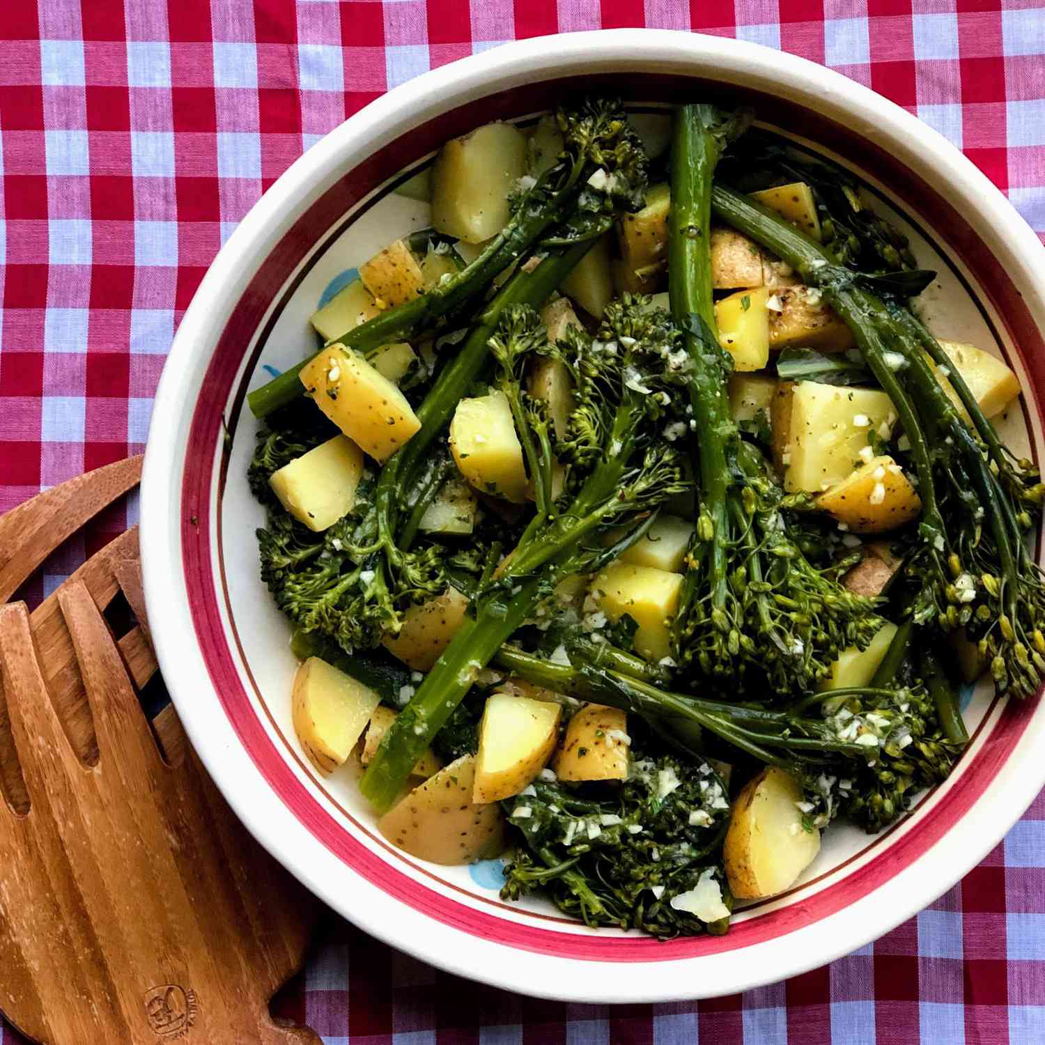 Instant Pot&reg; Broccolini and Potato Salad on a checkered picnic background
