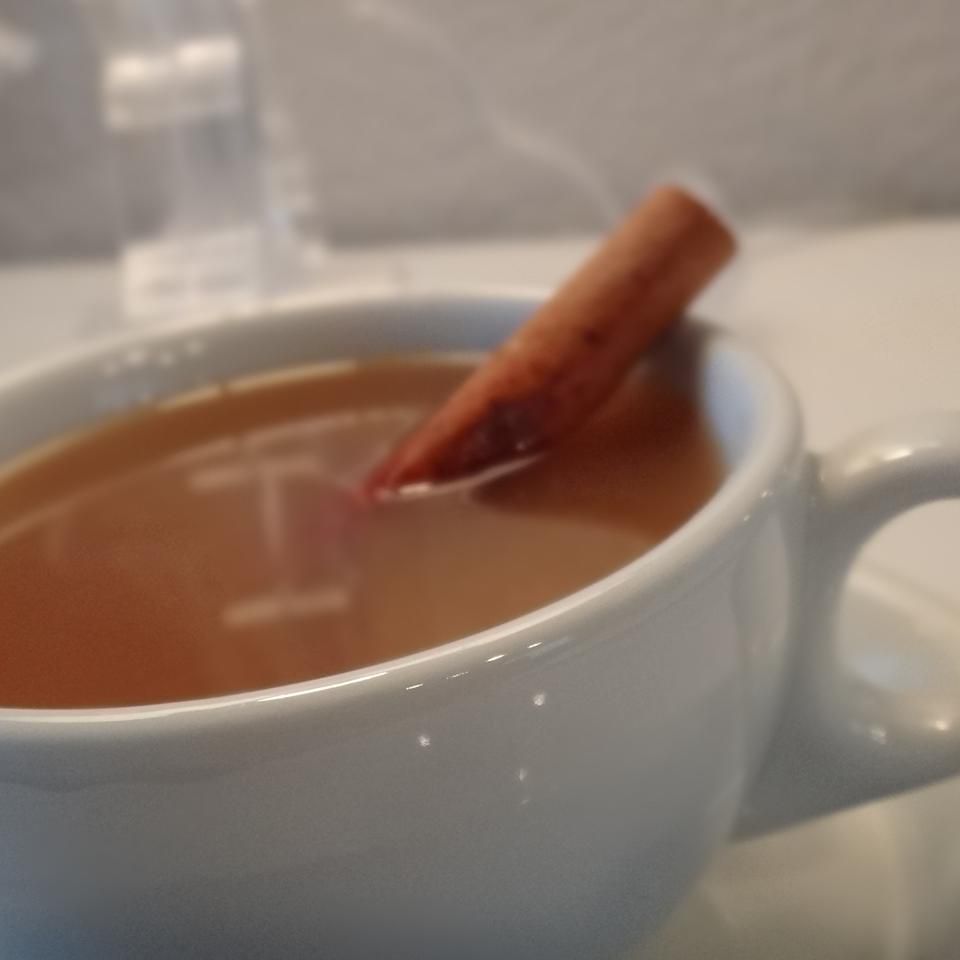 Hot Apple Cider in white mug with cinnamon stick