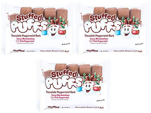 three bags of chocolate peppermint bark stuffed puffs