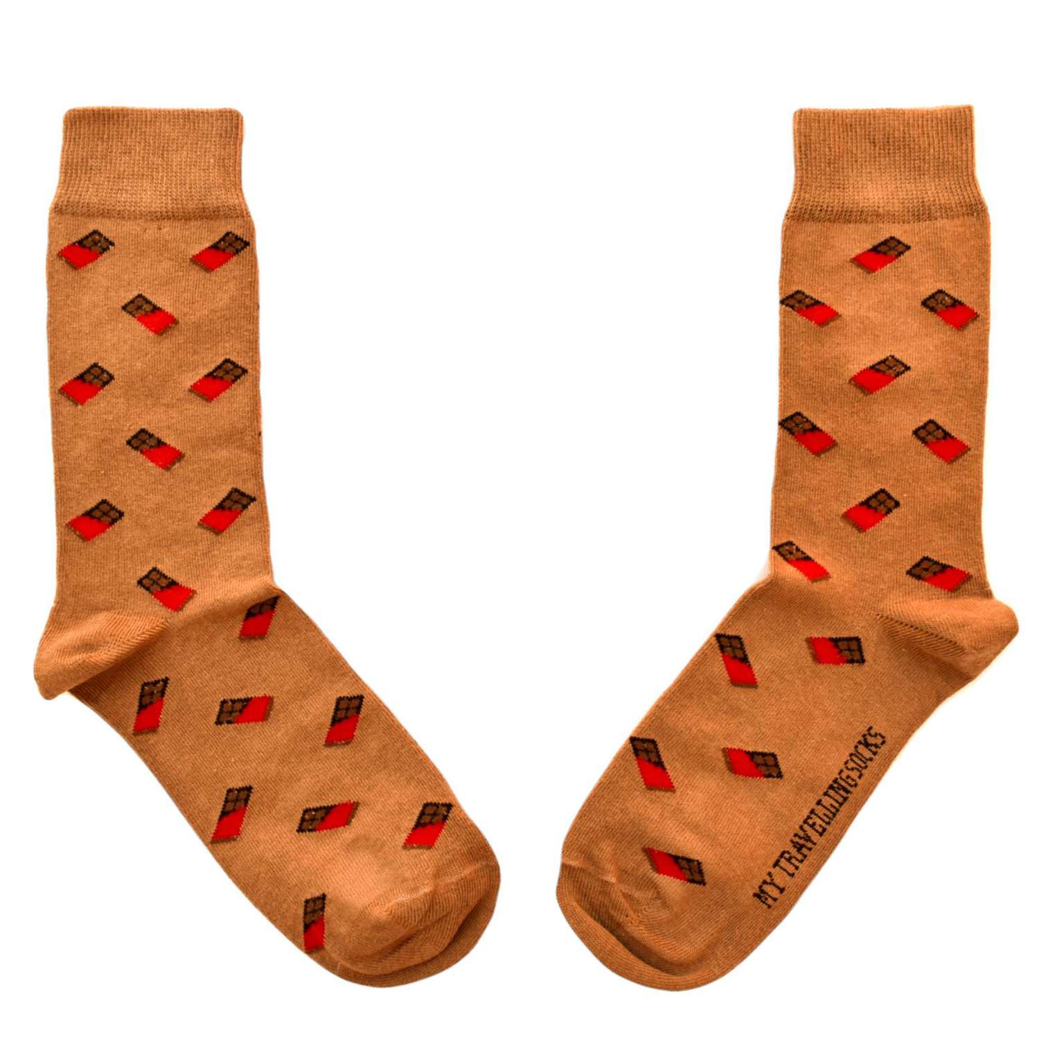 pair of socks with chocolate bar print