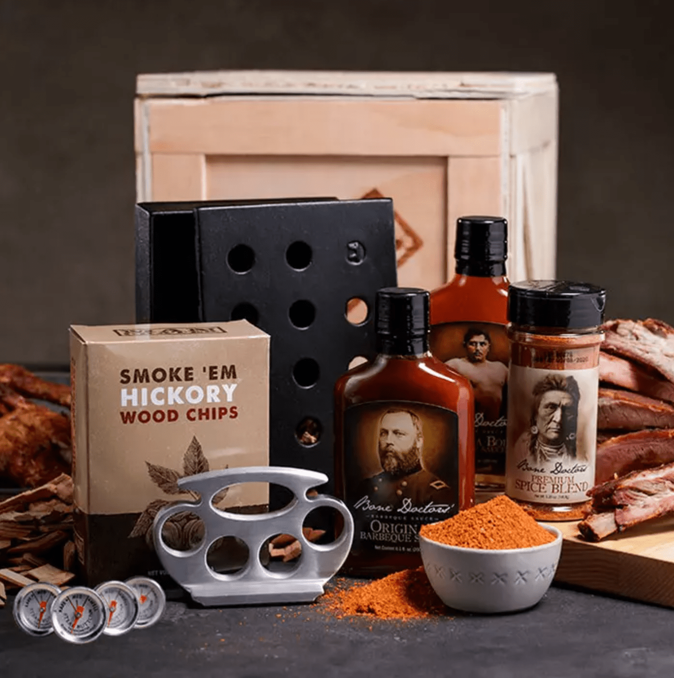 Open Grill Master Crate with sauces, tools, and rubs