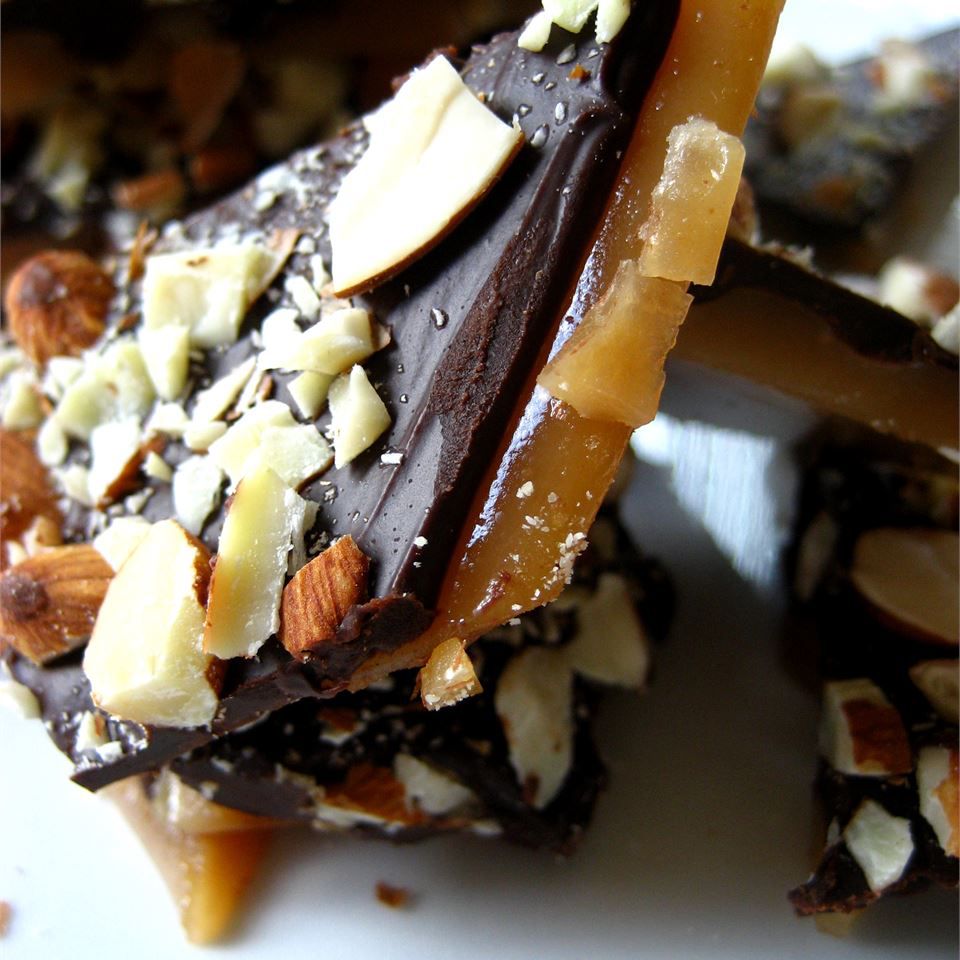 pieces of homemade toffee topped with nuts