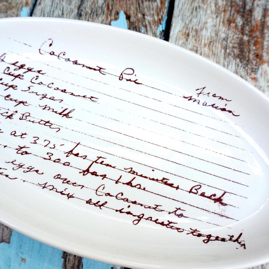glazed ceramic oval plate with recipe printed on it
