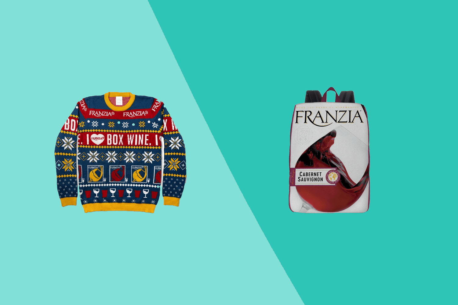 franzie christmas sweater and wine backpack