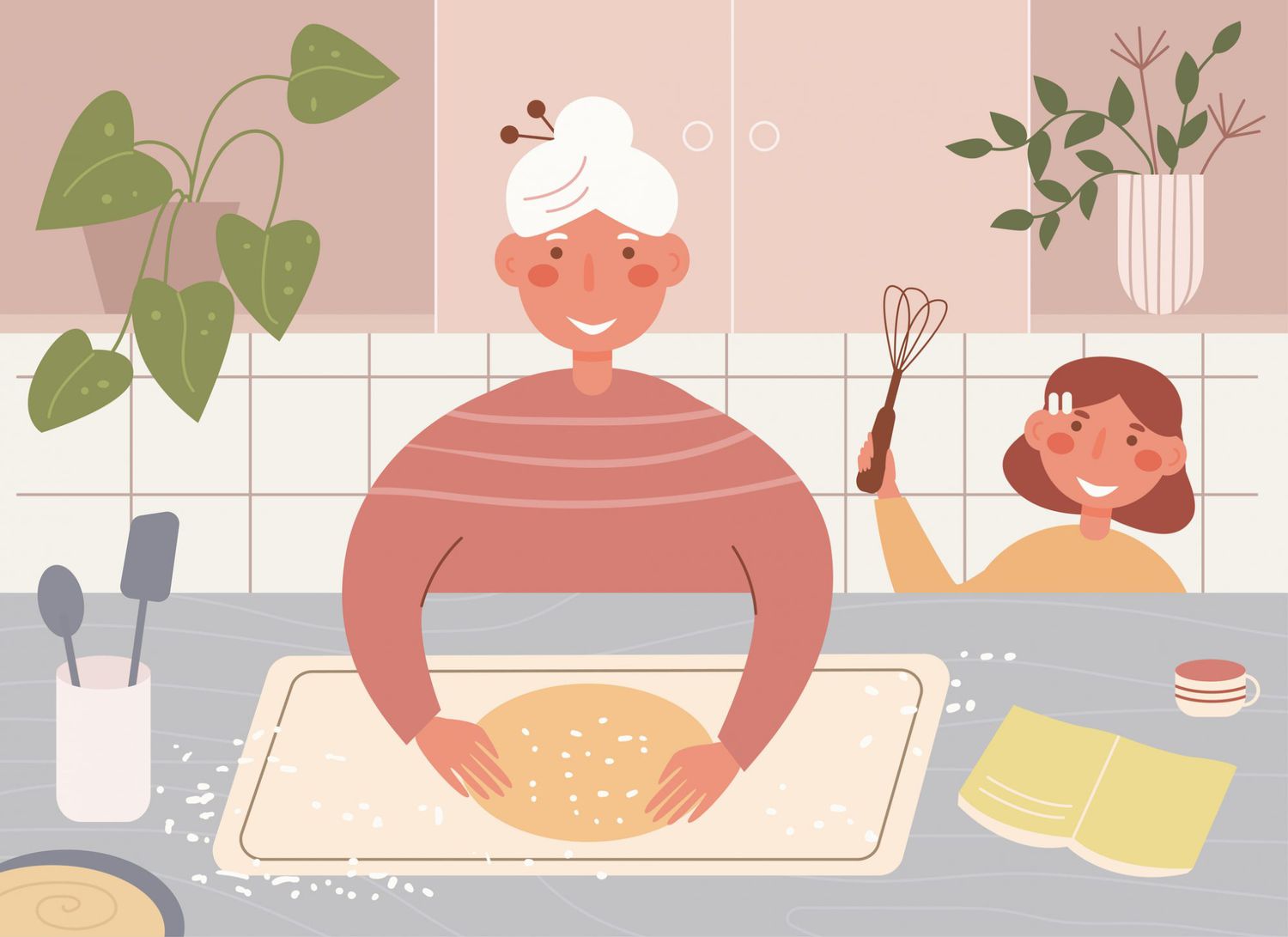 Grandma and granddaughter cook together Vector. Cartoon. Isolated art on white background. Flat