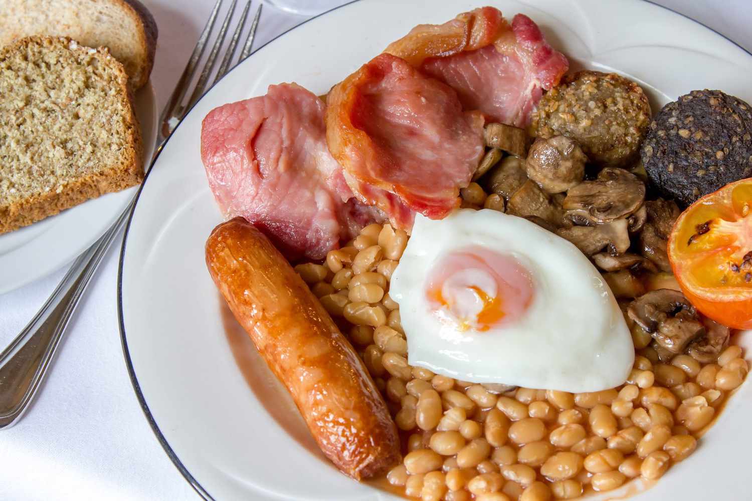 plate of baked beans, eggs, and meats