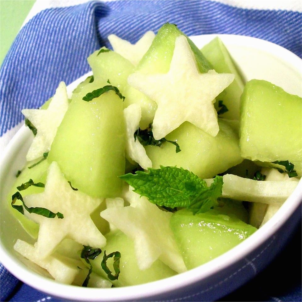 Jicama and Melon Salad in a white bowl