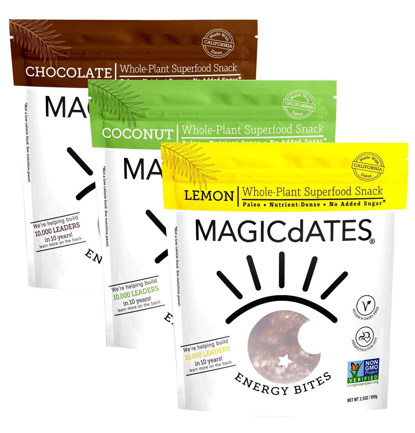 three packs of MAGICdATES snack energy bites