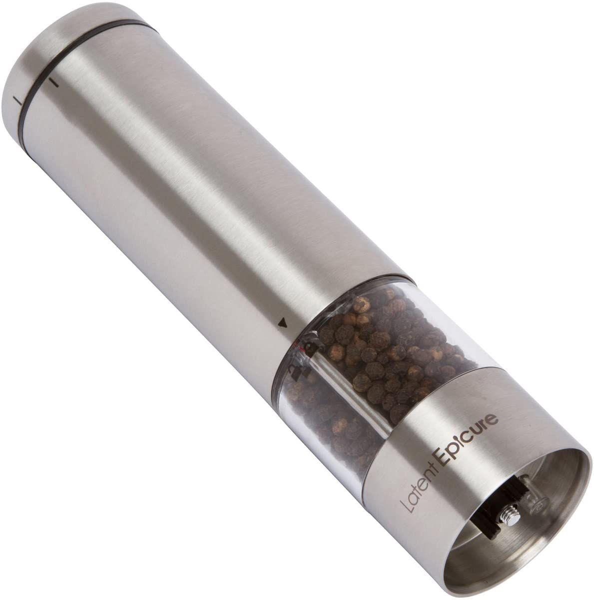 Stainless steel pepper mill with peppercorns inside