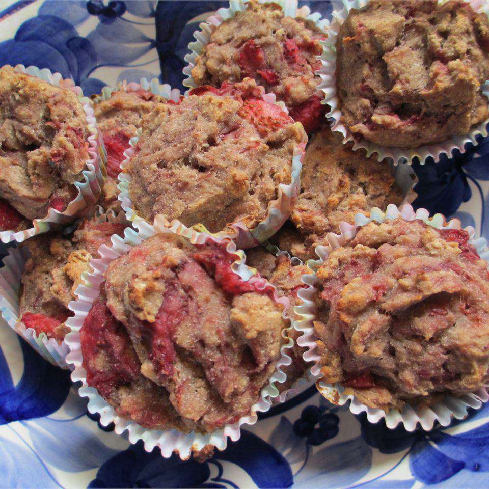 Strawberry Rhubarb Muffins on a blue background