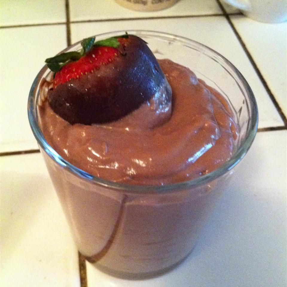 Chocolate-Banana Tofu Pudding with a chocolate covered strawberry