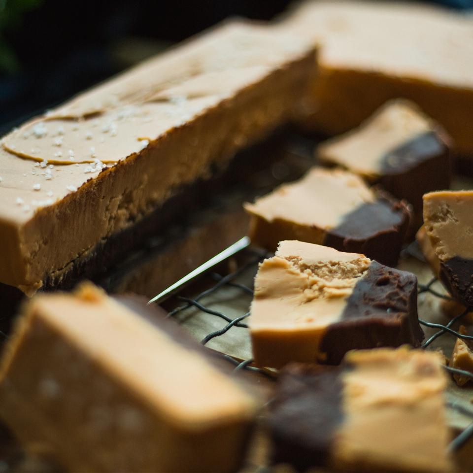 butterscotch and dark chocolate fudge cut into pieces