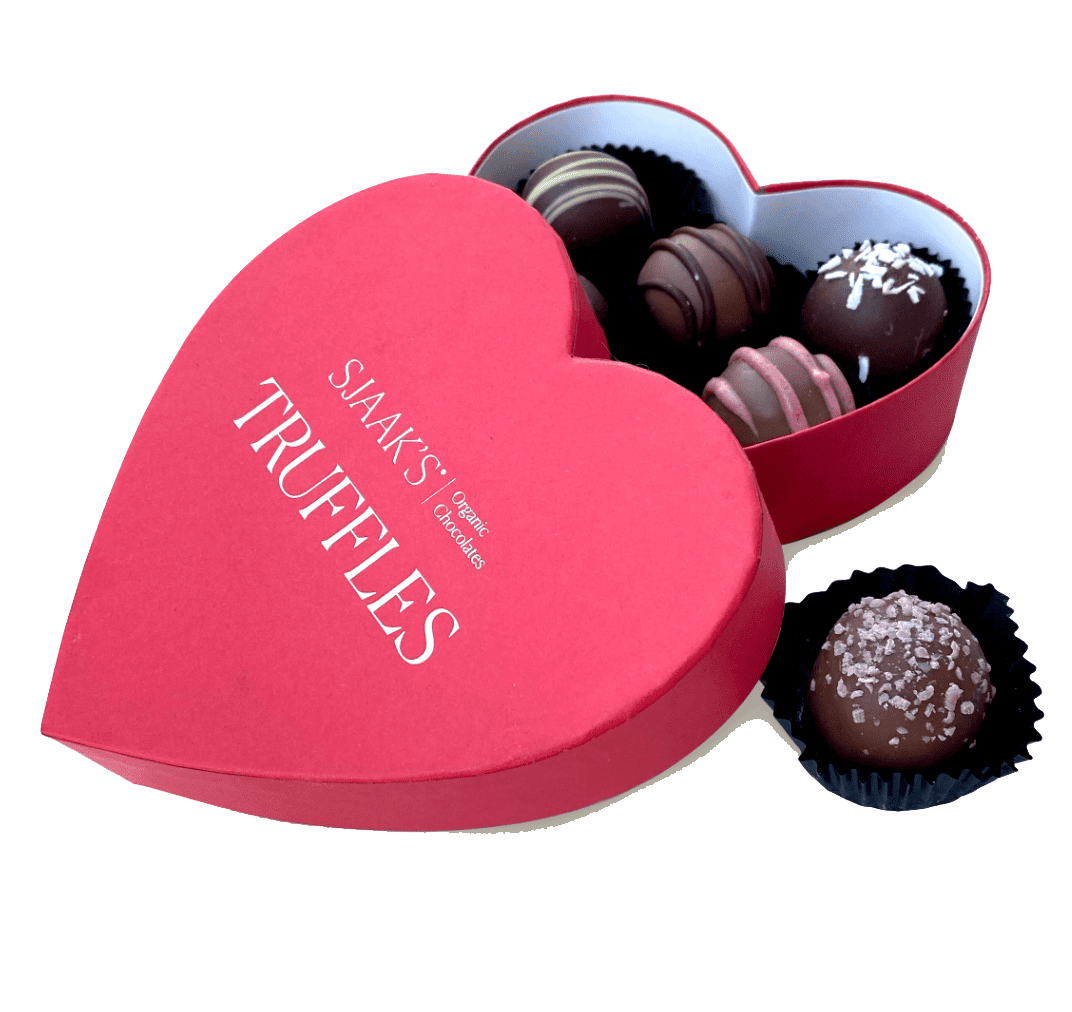 chocolate truffles in a heart shaped box